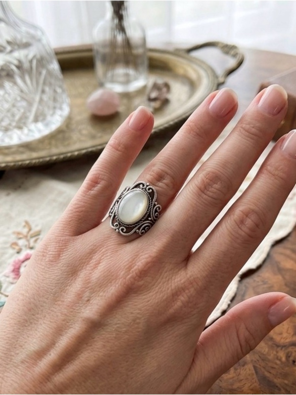 Sterling-Style Silver Ring with Oval Moonstone Looking Gem